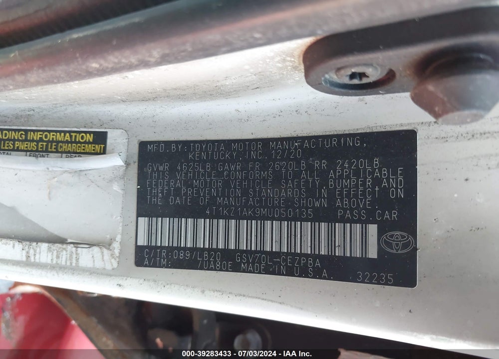 2021 TOYOTA CAMRY XSE V6 VIN: 4T1KZ1AK9MU050135