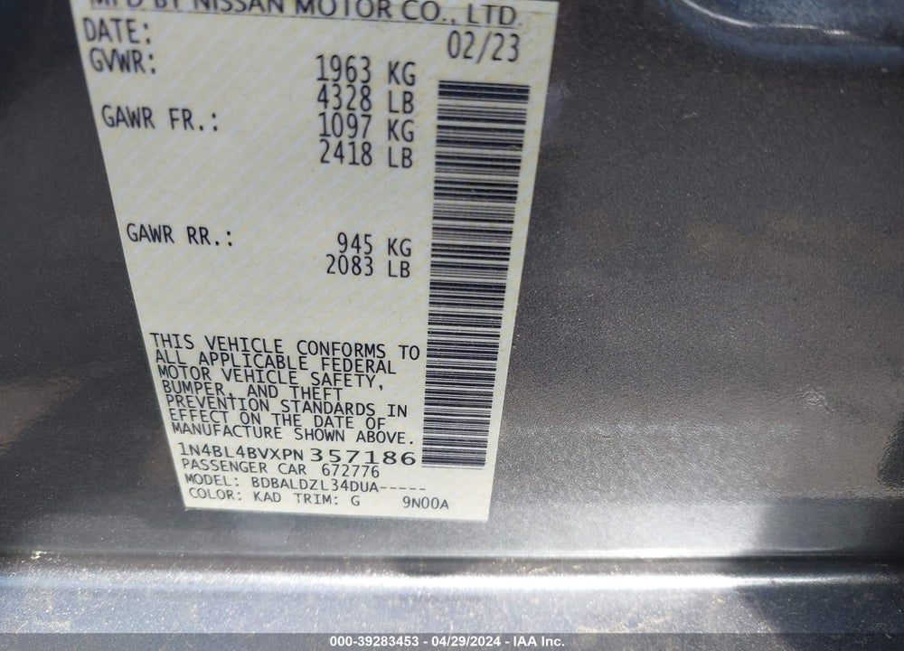 2023 NISSAN ALTIMA S FWD VIN: 1N4BL4BVXPN357186
