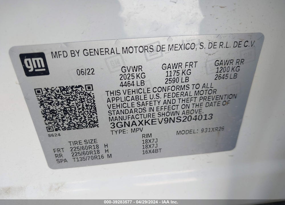 2022 CHEVROLET EQUINOX FWD LT VIN: 3GNAXKEV9NS204013
