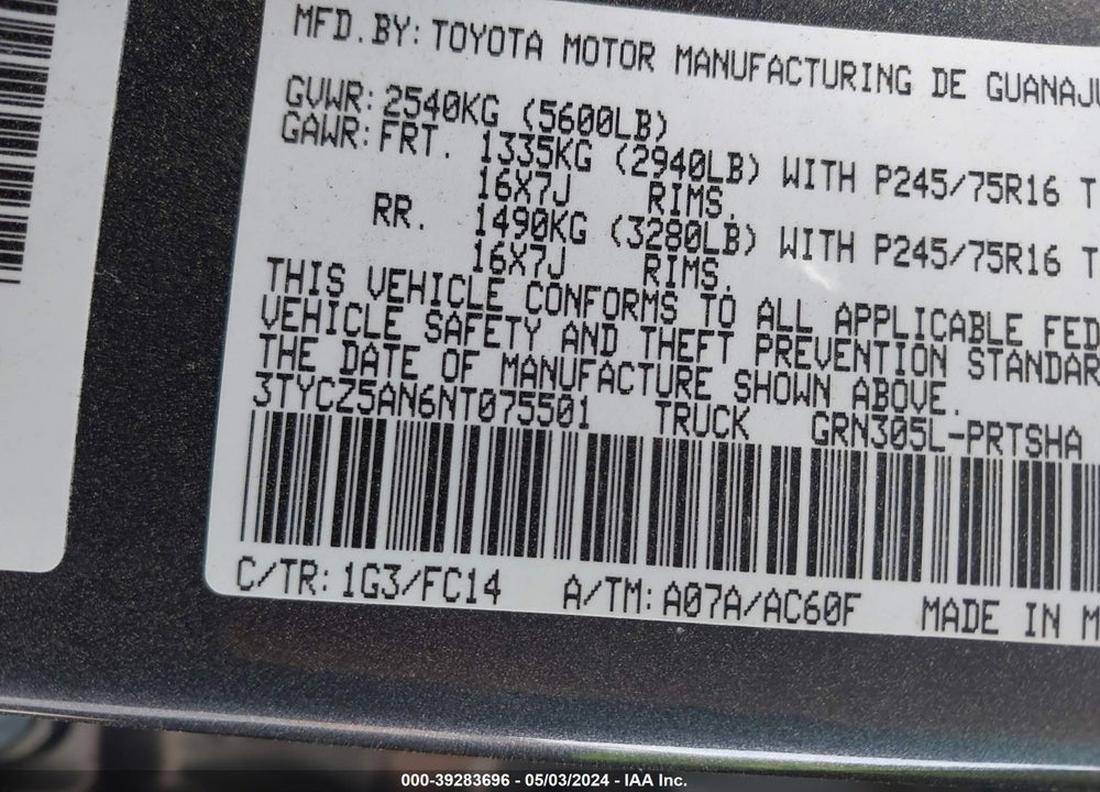 2022 TOYOTA TACOMA SR5 V6 VIN: 3TYCZ5AN6NT075501