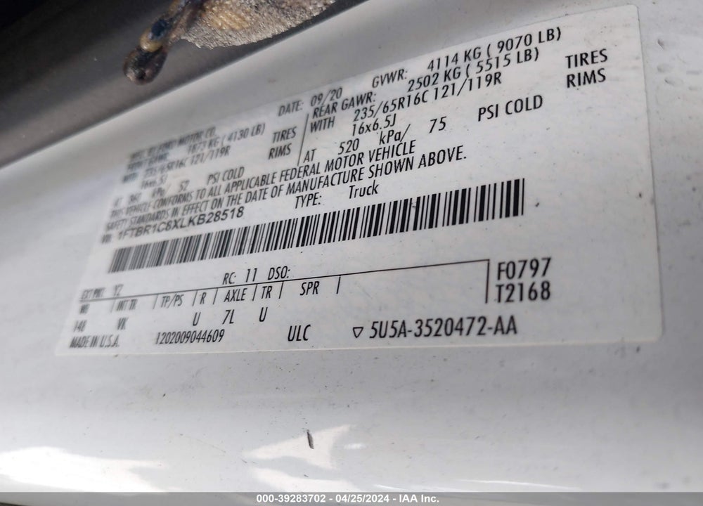 2020 FORD TRANSIT-250 VIN: 1FTBR1C8XLKB28518