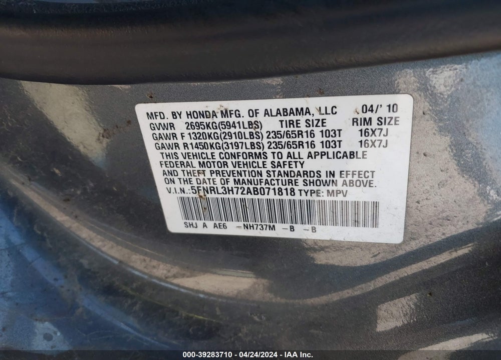 2010 HONDA ODYSSEY EX-L VIN: 5FNRL3H72AB071818