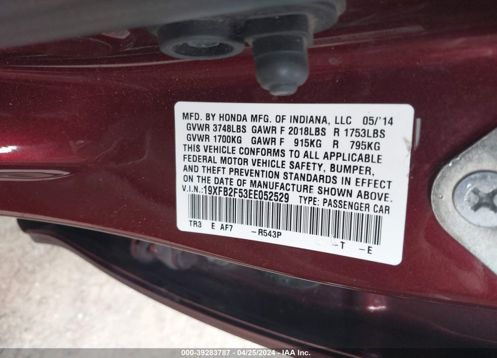 2014 HONDA CIVIC LX VIN: 19XFB2F53EE052529