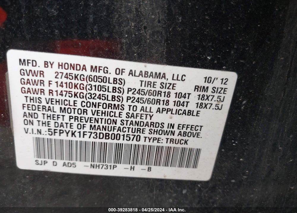 2013 HONDA RIDGELINE SPORT VIN: 5FPYK1F73DB001570