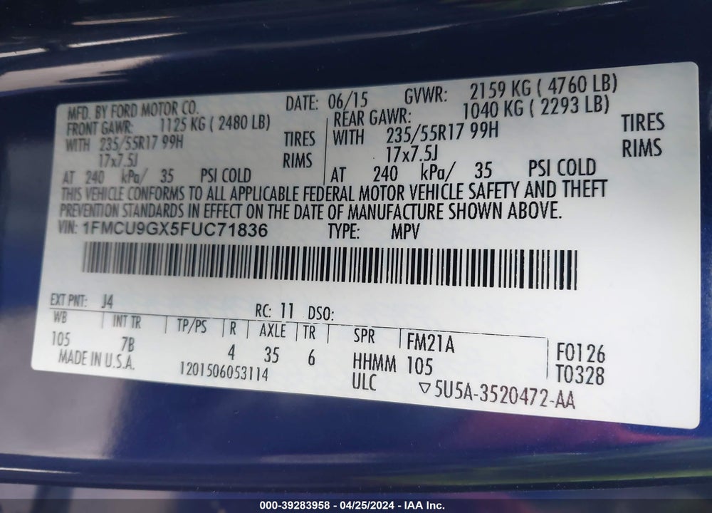 2015 FORD ESCAPE SE VIN: 1FMCU9GX5FUC71836