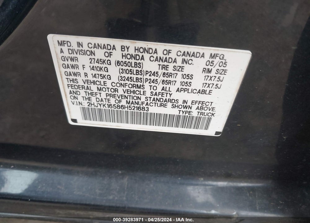 2006 HONDA RIDGELINE RTL VIN: 2HJYK16586H521683