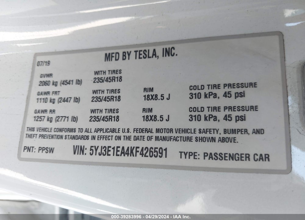 2019 TESLA MODEL 3 LONG RANGE/MID RANGE/STANDARD RANGE/STANDARD RANGE PLUS VIN: 5YJ3E1EA4KF426591