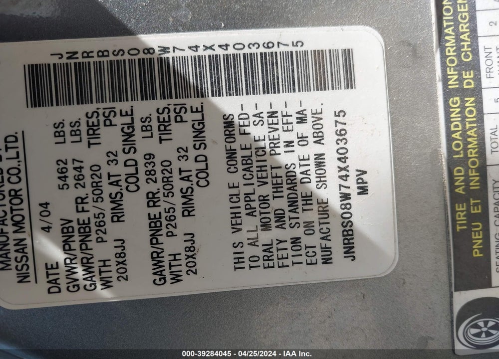 2004 INFINITI FX45 VIN: JNRBS08W74X403675