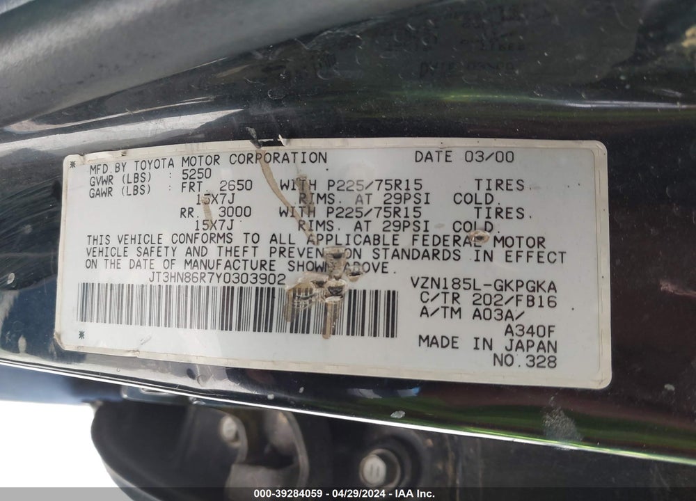 2000 TOYOTA 4RUNNER SR5 V6 VIN: JT3HN86R7Y0303902