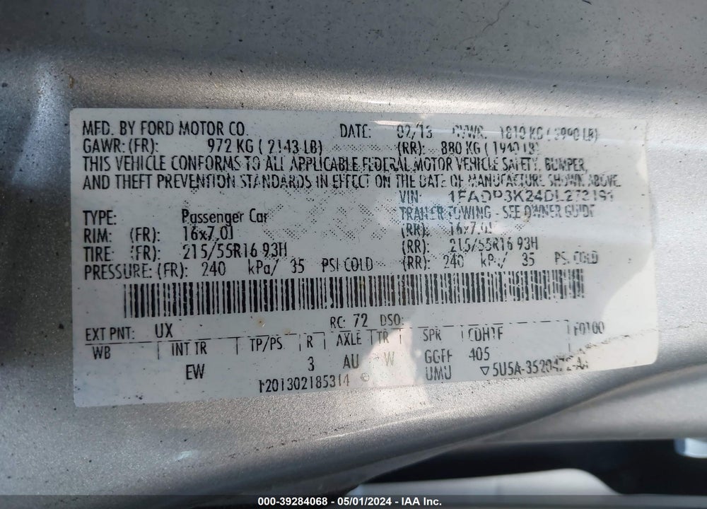 2013 FORD FOCUS SE VIN: 1FADP3K24DL273191