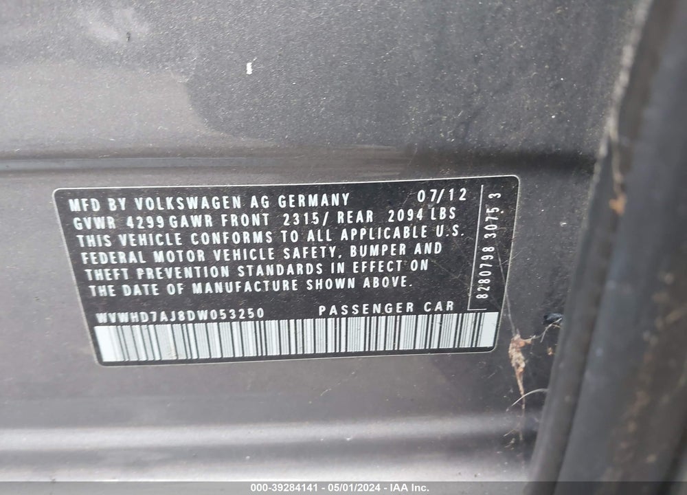 2013 VOLKSWAGEN GTI 4-DOOR VIN: WVWHD7AJ8DW053250