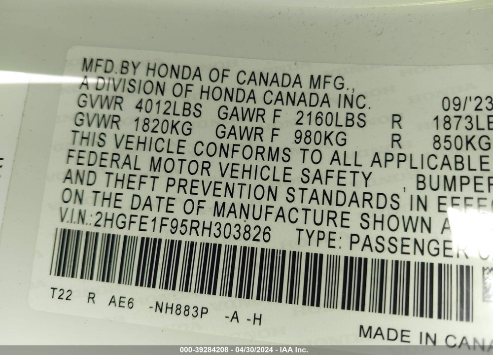 2024 HONDA CIVIC TOURING VIN: 2HGFE1F95RH303826