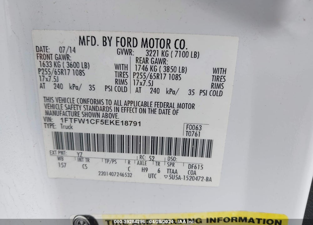 2014 FORD F-150 XL VIN: 1FTFW1CF5EKE18791