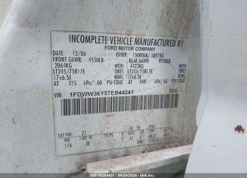 2007 FORD F-350 CHASSIS VIN: 1FDWW36Y57EB44241