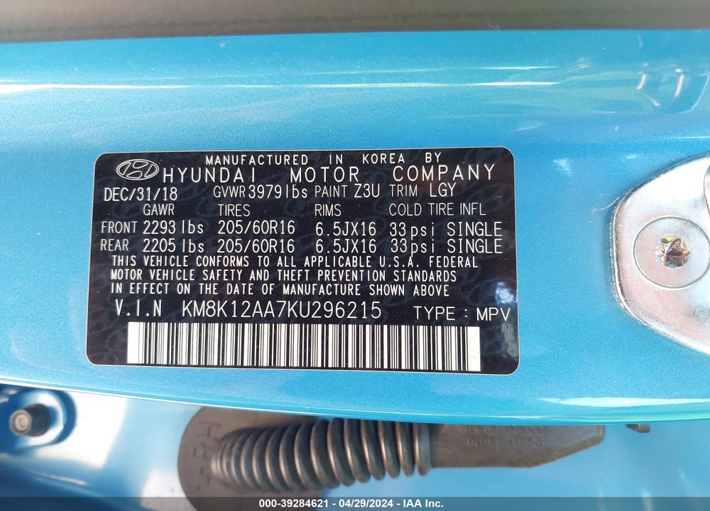 2019 HYUNDAI KONA SE VIN: KM8K12AA7KU296215