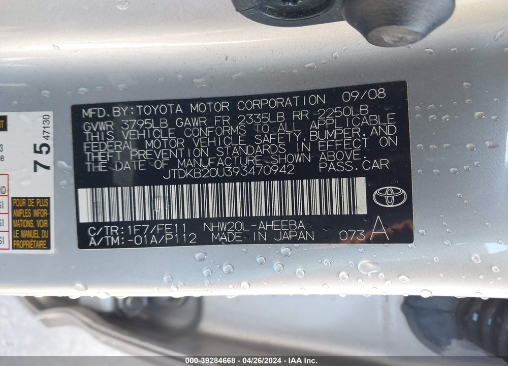 2009 TOYOTA PRIUS VIN: JTDKB20U393470942