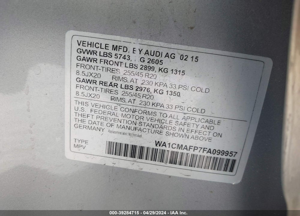 2015 AUDI Q5 3.0 TDI PREMIUM PLUS VIN: WA1CMAFP7FA099957