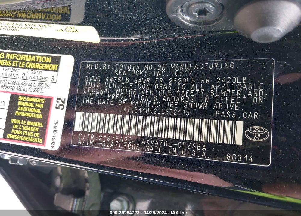 2018 TOYOTA CAMRY SE VIN: 4T1B11HK2JU532115