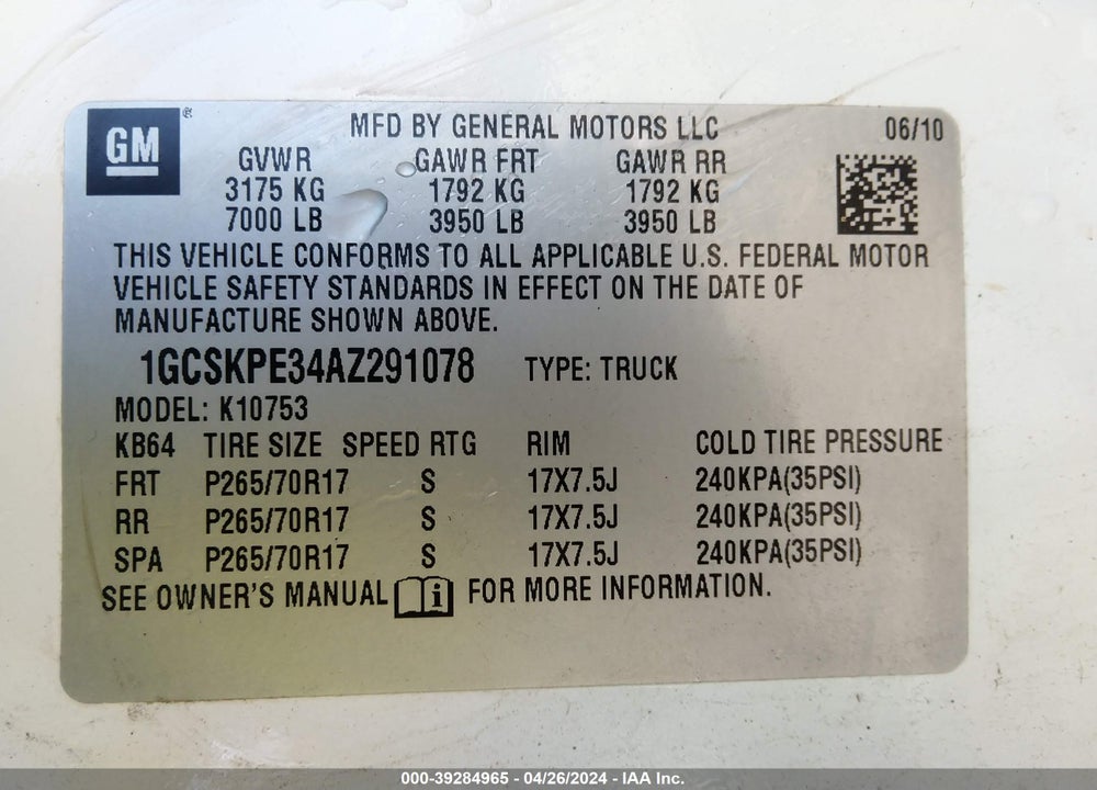 2010 CHEVROLET SILVERADO 1500 WORK TRUCK VIN: 1GCSKPE34AZ291078