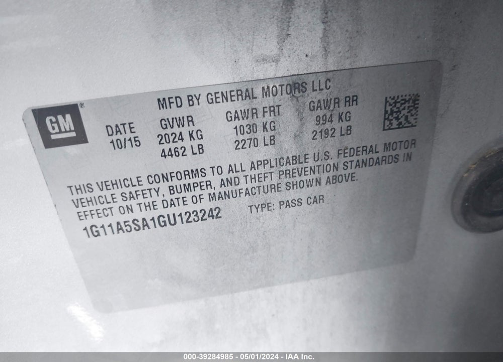 2016 CHEVROLET MALIBU LIMITED 1FL VIN: 1G11A5SA1GU123242