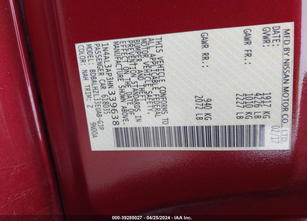2017 NISSAN ALTIMA VIN: 1N4AL3AP3HN339638