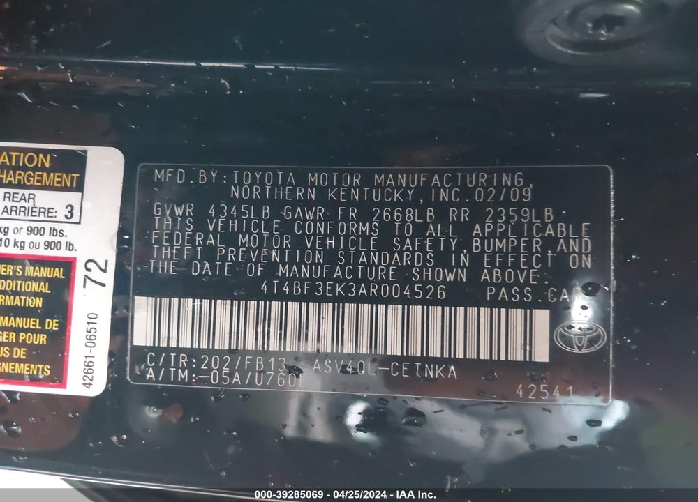 2010 TOYOTA CAMRY VIN: 4T4BF3EK3AR004526
