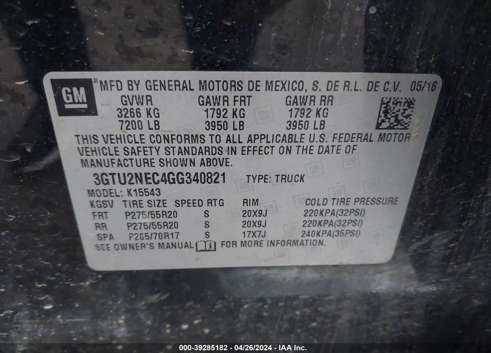 2016 GMC SIERRA VIN: 3GTU2NEC4GG340821