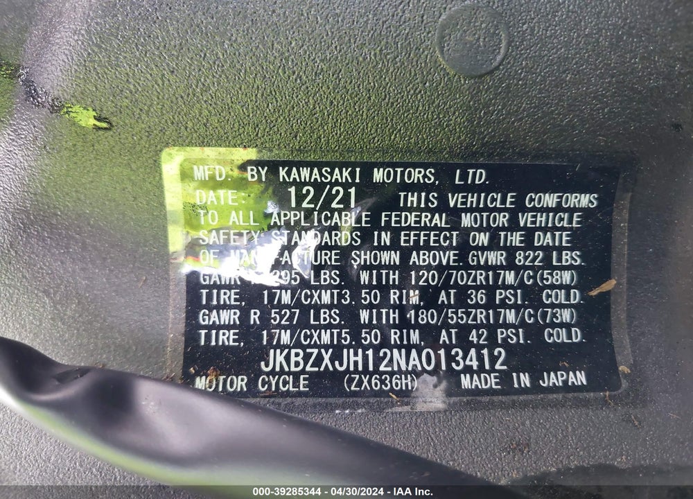 2022 KAWASAKI ZX636 K VIN: JKBZXJH12NA013412