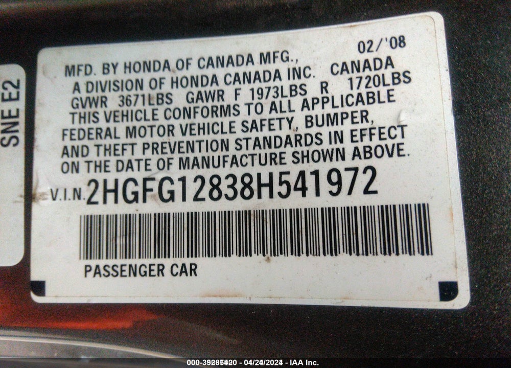 2008 HONDA CIVIC EX VIN: 2HGFG12838H541972