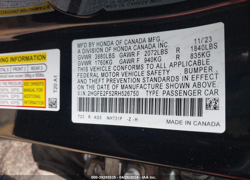 2024 HONDA CIVIC SPORT VIN: 2HGFE2F52RH526750