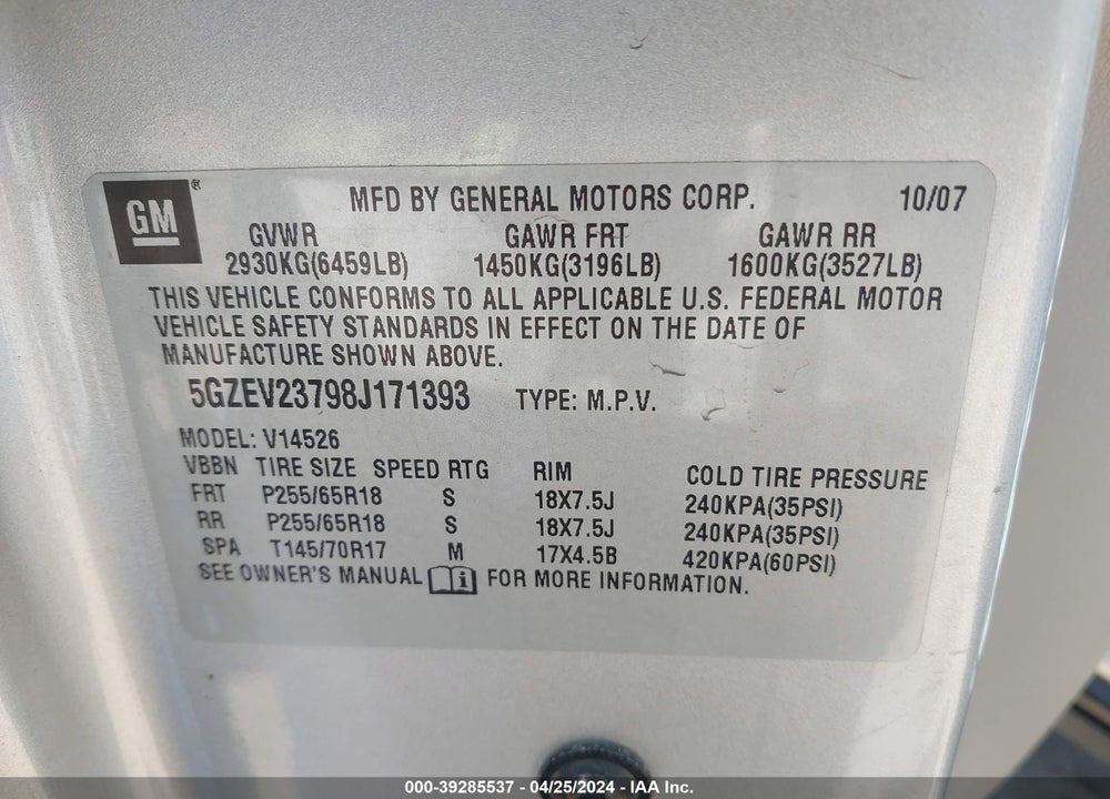 2008 SATURN OUTLOOK XR VIN: 5GZEV23798J171393