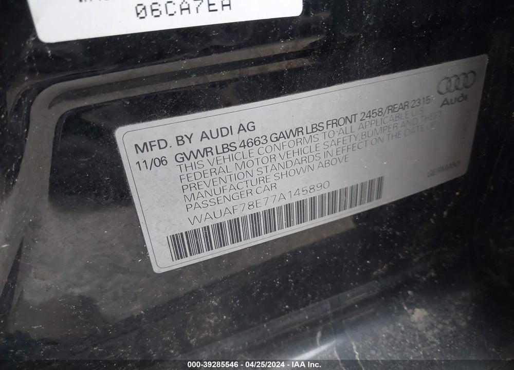 2007 AUDI A4 2.0T VIN: WAUAF78E77A145890