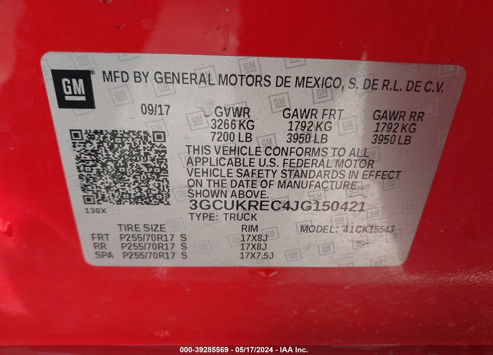 2018 CHEVROLET SILVERADO 1500 1LT VIN: 3GCUKREC4JG150421