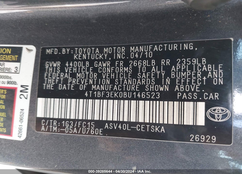 2011 TOYOTA CAMRY SE VIN: 4T1BF3EK0BU146523
