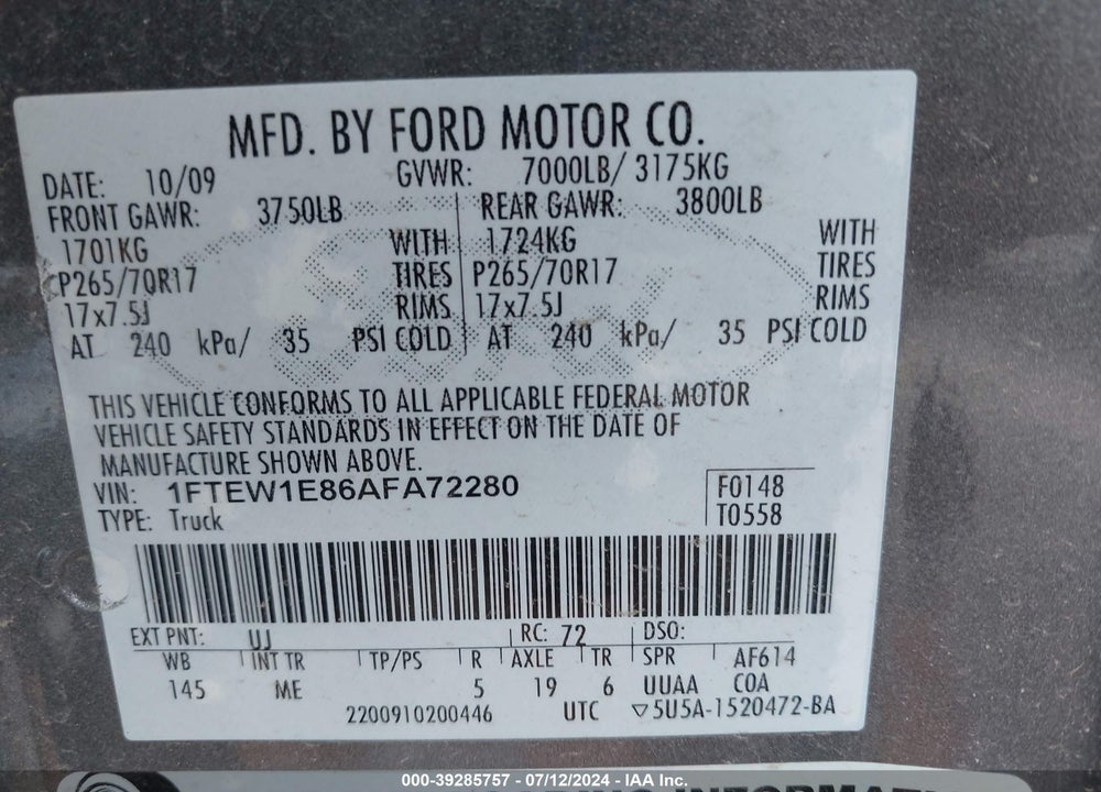 2010 FORD F-150 XL/XLT VIN: 1FTEW1E86AFA72280