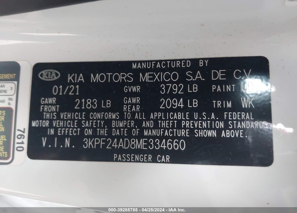 2021 KIA FORTE LXS VIN: 3KPF24AD8ME334660