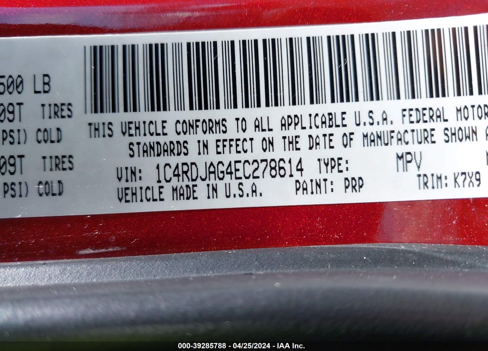 2014 DODGE DURANGO SXT VIN: 1C4RDJAG4EC278614
