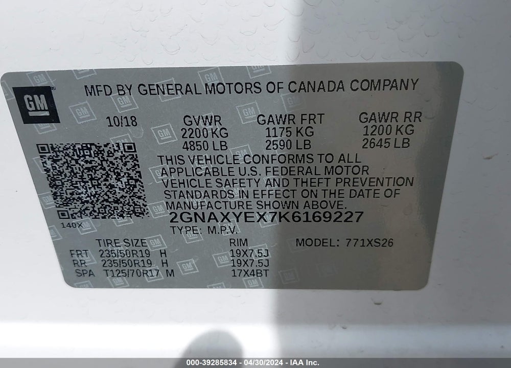 2019 CHEVROLET EQUINOX PREMIER VIN: 2GNAXYEX7K6169227