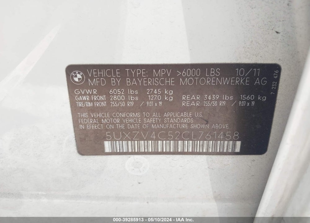 2012 BMW X5 XDRIVE35I/XDRIVE35I PREMIUM/XDRIVE35I SPORT ACTIVITY VIN: 5UXZV4C52CL761458