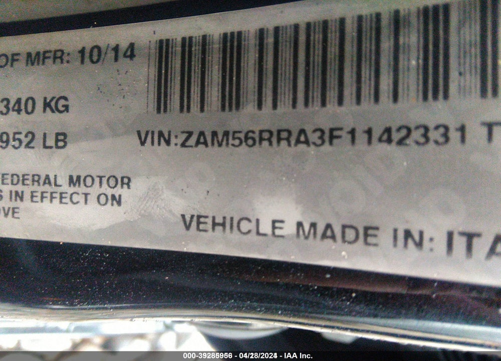 2015 MASERATI QUATTROPORTE VIN: ZAM56RRA3F1142331