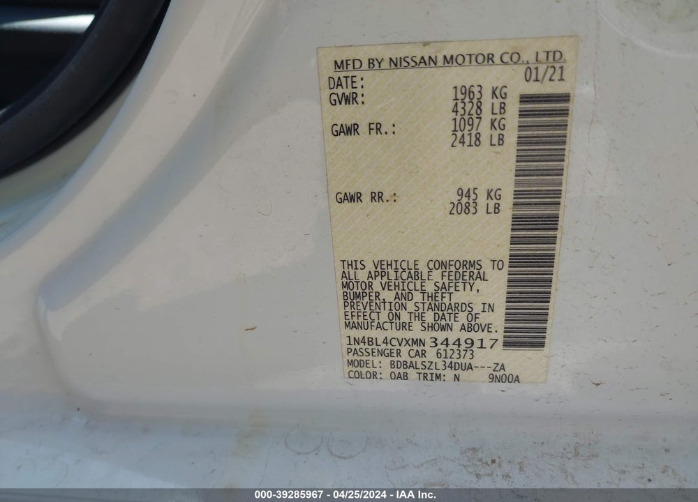2021 NISSAN ALTIMA SR FWD VIN: 1N4BL4CVXMN344917