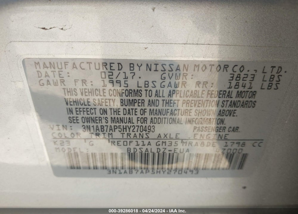 2017 NISSAN SENTRA SV VIN: 3N1AB7AP5HY270493