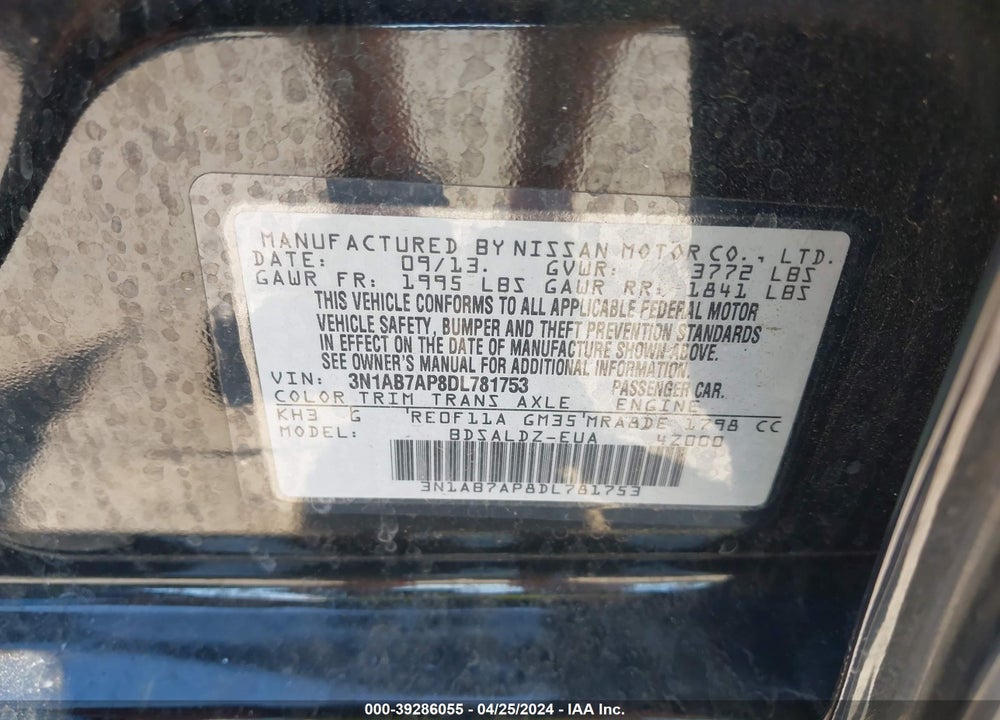 2013 NISSAN SENTRA SV VIN: 3N1AB7AP8DL781753