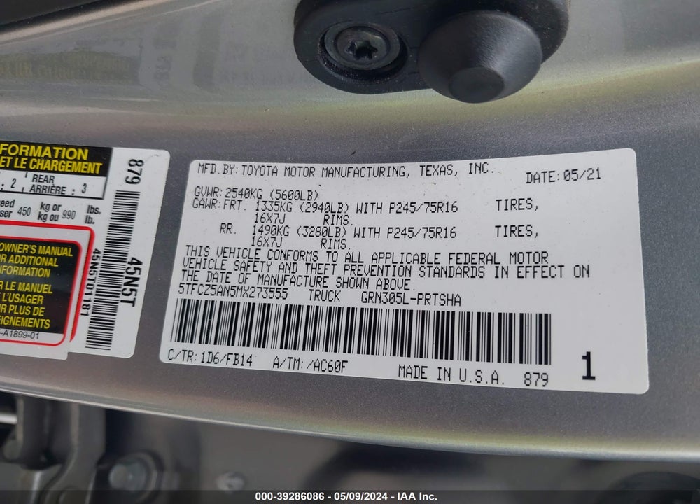 2021 TOYOTA TACOMA SR V6 VIN: 5TFCZ5AN5MX273555