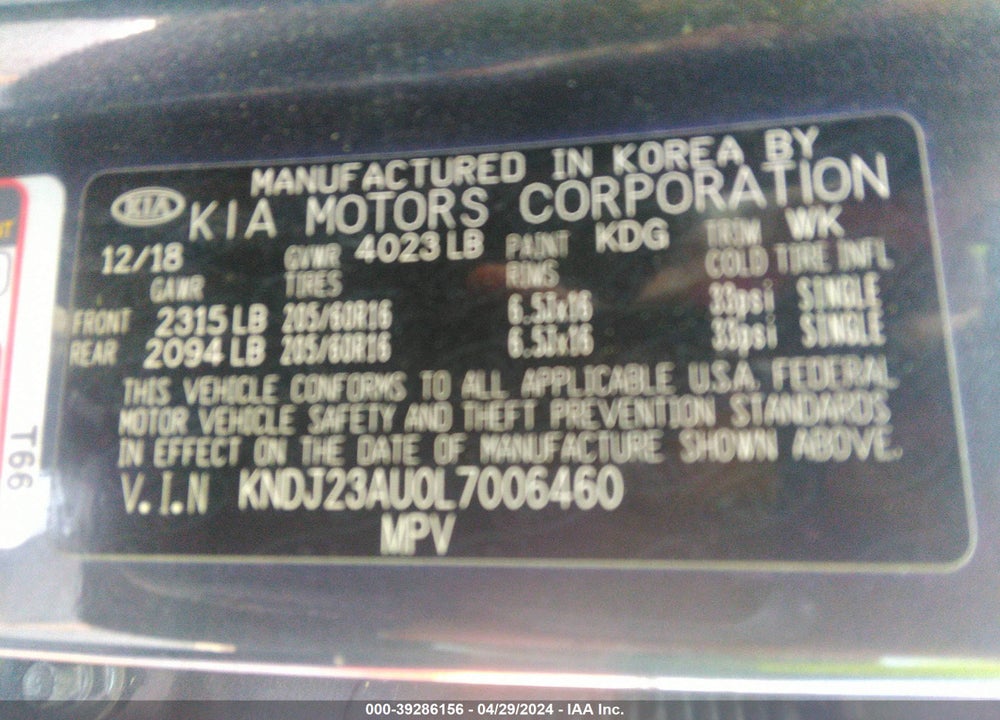 2020 KIA SOUL LX VIN: KNDJ23AU0L7006460