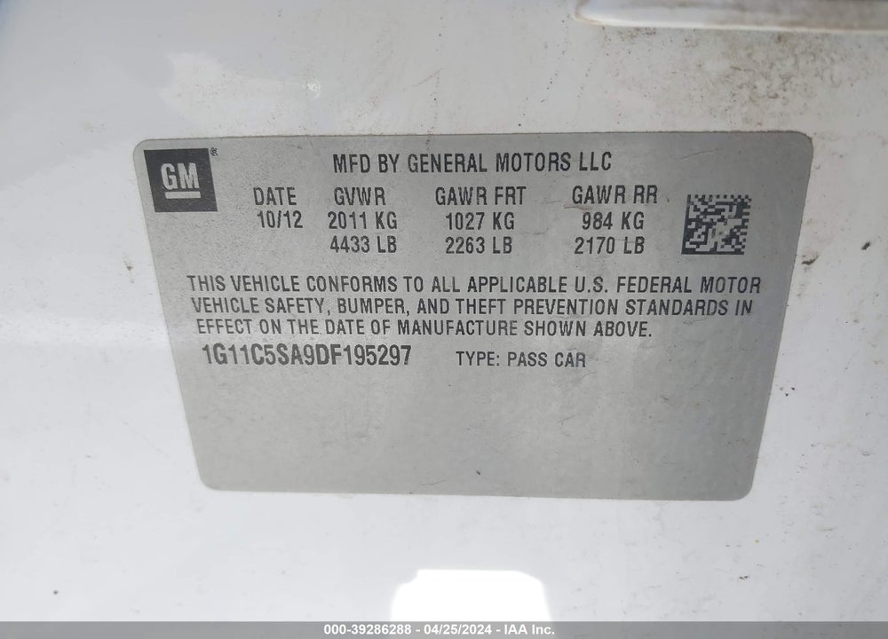2013 CHEVROLET MALIBU VIN: 1G11C5SA9DF195297