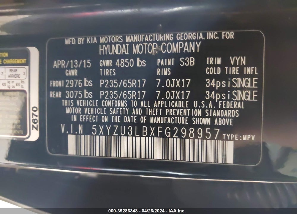 2015 HYUNDAI SANTA FE SPORT 2.4L VIN: 5XYZU3LBXFG298957