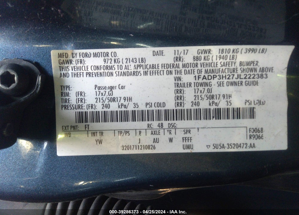 2018 FORD FOCUS SEL VIN: 1FADP3H27JL222383
