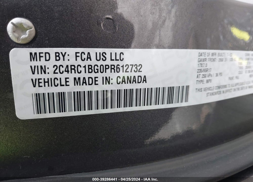 2023 CHRYSLER PACIFICA TOURING L VIN: 2C4RC1BG0PR612732