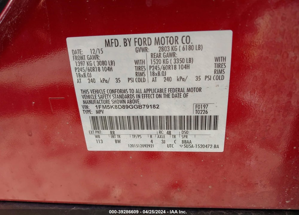 2016 FORD EXPLORER XLT VIN: 1FM5K8D89GGB79182